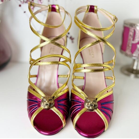 Gucci Tiger Head Metallic Pink Gold Leather Strappy Heels 8.5 NWB Made in Italy - Picture 4 of 16